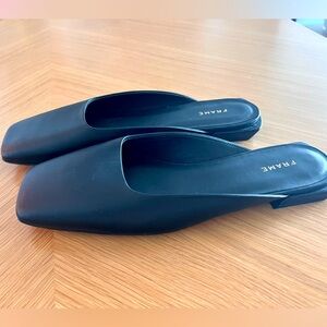 Black FRAME leather Mules, Size 8.5, leather made in Spain.